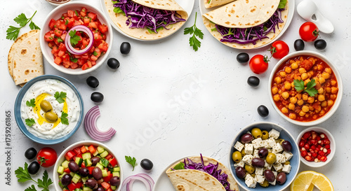 Wallpaper Mural Vibrant autumn healthy food selection: Mediterranean-inspired dishes and fresh ingredients on a bright table, top view with copy space. Torontodigital.ca