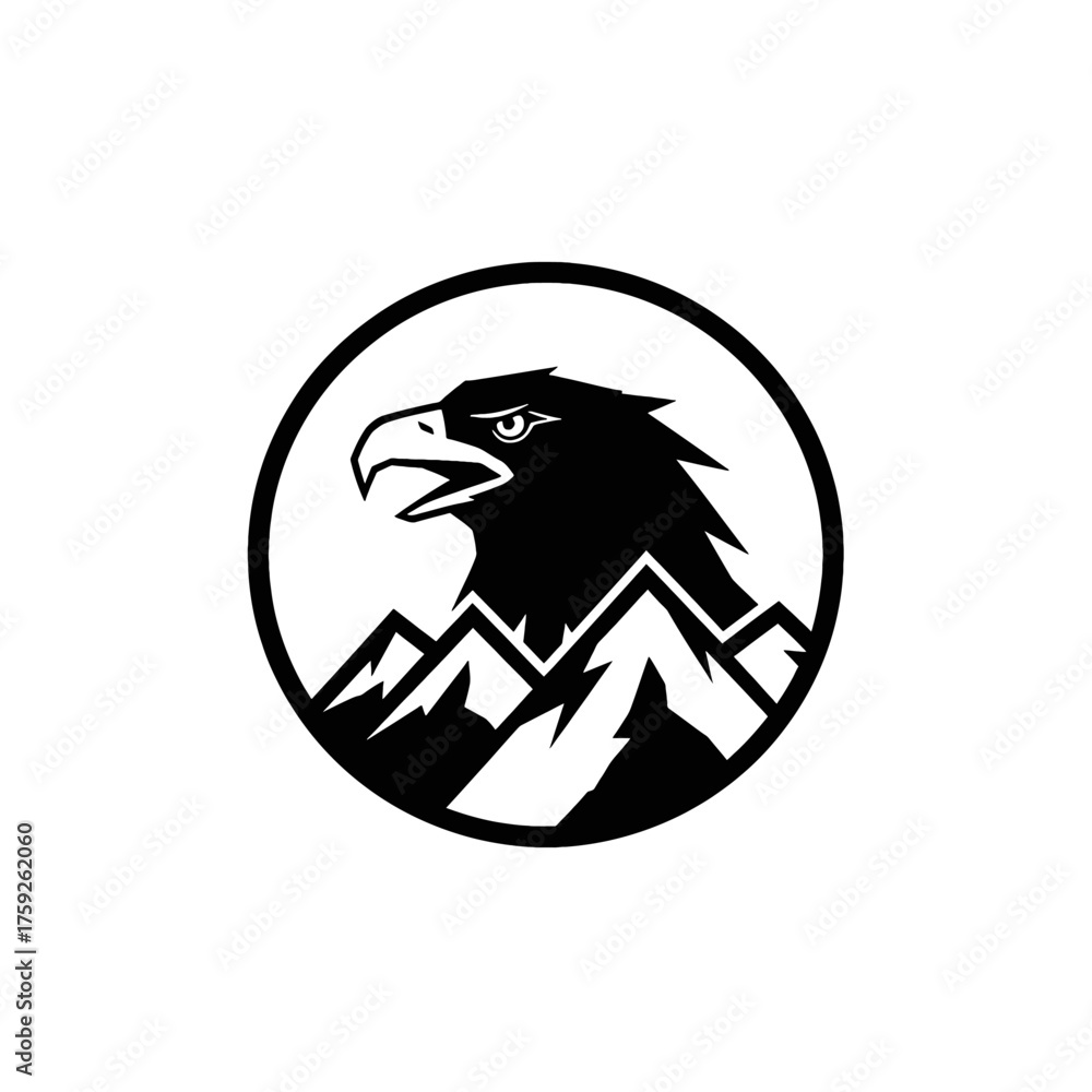 Fototapeta premium A stylized black and white logo featuring an eagle head above mountain peaks inside a circle.