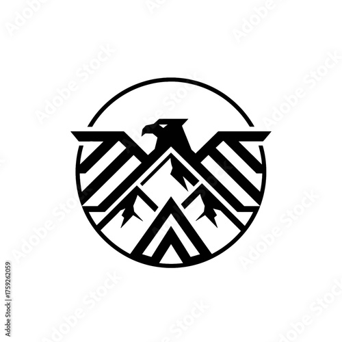 Black and white logo depicting an eagle with mountain peaks integrated into its wings, enclosed in a circle.