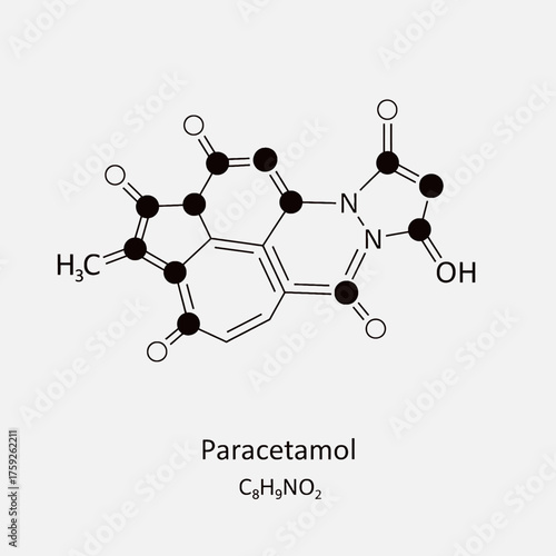 Illustration of the chemical structure of Paracetamol, showing its atoms, bonds, and molecular formula.