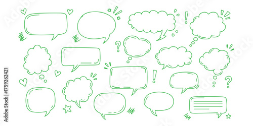 Collection of hand drawn speech bubbles and text boxes with decorative floral elements