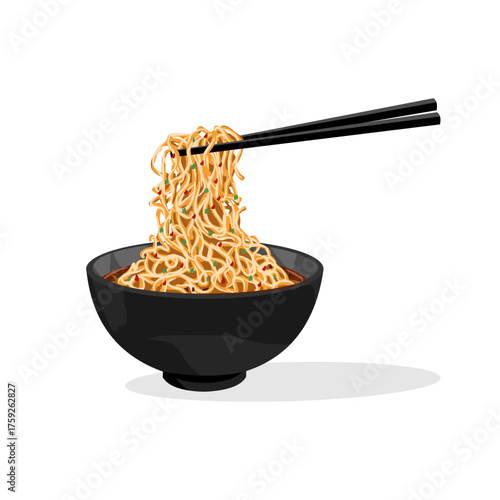 Vector illustration of a bowl of ramen noodles using chopsticks