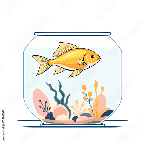 Vsai goldfish swimming in a fishbowl with aquatic plants