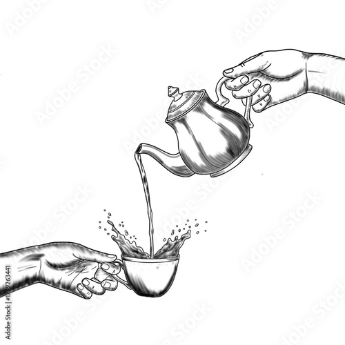 Hand Pouring Tea or Coffee from Teapot into Cup Illustration