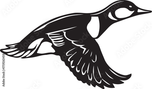 Mallard Flying Duck Silhouette, Black and White Hunting Duck Vector Illustration
