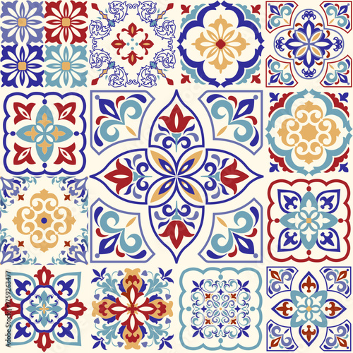 Seamless vintage patchwork from Azulejo tiles. Vintage grunge fabric decor. Seamless colorful carpet. Original traditional Portuguese and Spain decor. Vector illustration.