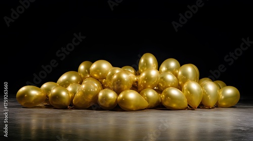 matte. A cluster of golden balloons against a black wall, symbolizing celebration and joy. public awareness campaigns, NGO reports, designed for public awareness campaigns and NGO communications.