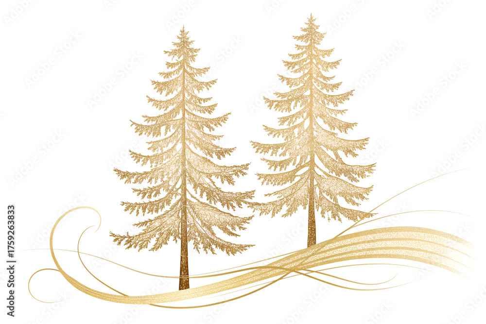 Obraz premium Two golden pine trees with flowing abstract ribbons and swirls isolated on transparent background