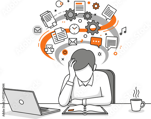 A stressed person sits at a desk, surrounded by icons representing work and deadlines, struggling to manage their tasks and responsibilities.