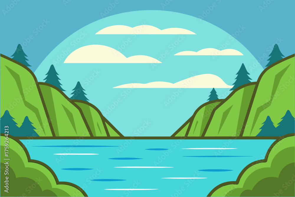 Fototapeta premium Serene lake surrounded by green hills and pine trees under a cloudy sky