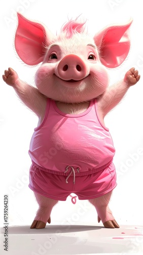 Cute cartoon pig smiling while practicing yoga high resolution photo