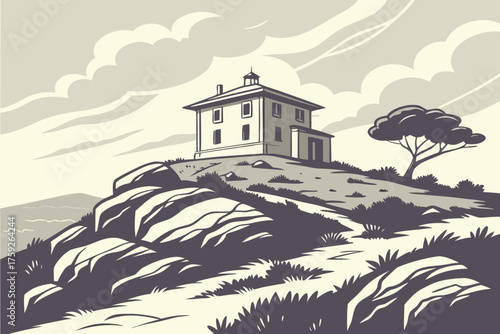 Isolated house on a rocky hill overlooking the sea with a single tree
