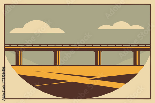 Stylized illustration of a bridge over a road intersection with clouds in the sky