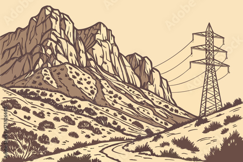 Distant mountain landscape with power lines and transmission tower