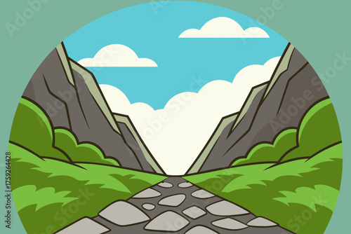 Cartoon illustration of a stone path leading through a mountain valley