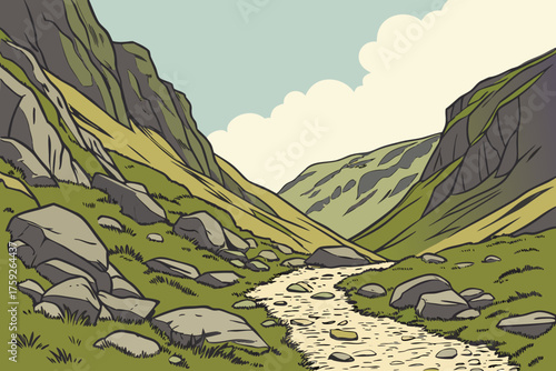 Stylized illustration of a rocky mountain valley with a winding stream
