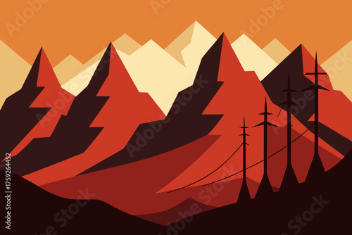 Geometric mountain landscape with stylized trees and warm sunset colors