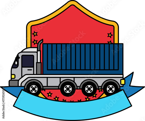 logotype icon of a cartoon truck with a red shield