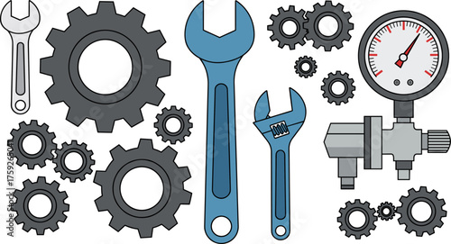 A collection of illustrated mechanic tools, including wrenches, gears, and a pressure gauge, ideal for engineering and repair concepts.