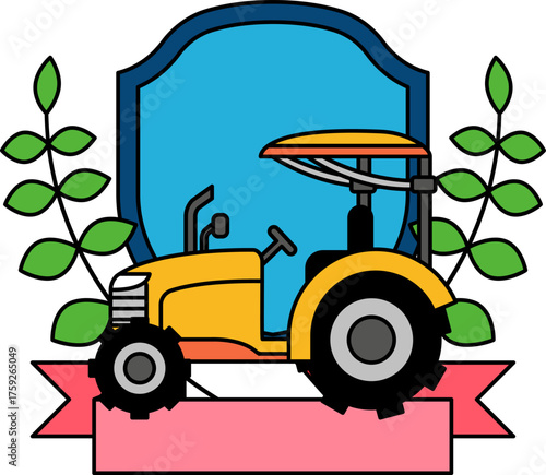 logotype icon of a cartoon tractor in front of a blue shield