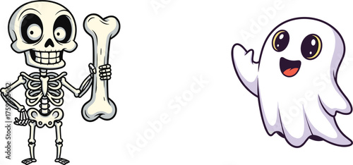 Cartoon skeleton holding bone with cheerful ghost waving happily, fun spooky Halloween illustration for kids seasonal festive holiday decoration design