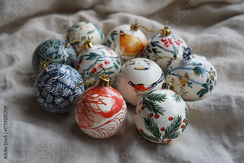 Discover charming handcrafted Christmas ornaments featuring delicate floral patterns and playful bird designs, perfect for a festive and elegant holiday.