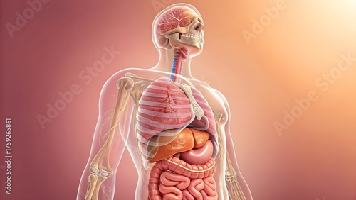 Anatomical illustration of human digestive system and organs