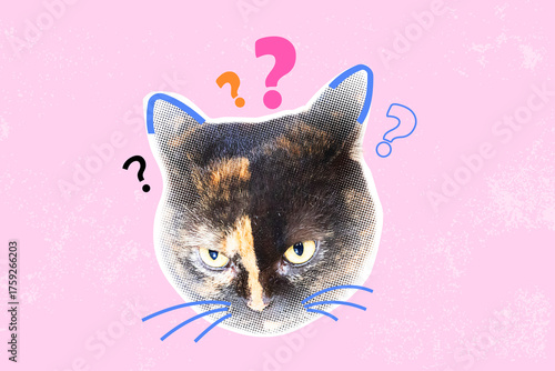 Halftone collage with cat faces and question mark signs on pink background. Art collage digital pop modern art