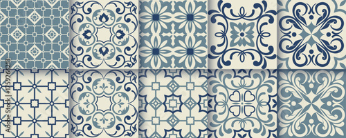Collection of 10 flower Azulejo tiles. Seamless colorful patterns in azulejo style. Floor tile oriental collection seamless textures. Portugal spanish ceramics. Vector
