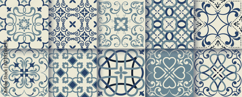 Collection of 10 flower Azulejo tiles. Seamless colorful patterns in azulejo style. Floor tile oriental collection seamless textures. Portugal spanish ceramics. Vector

