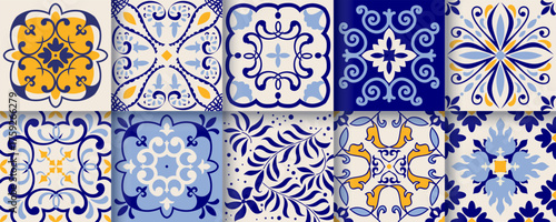 Collection of 10 flower Azulejo tiles. Seamless colorful patterns in azulejo style. Floor tile oriental collection seamless textures. Portugal spanish ceramics. Vector
