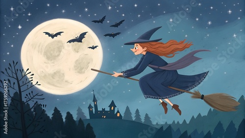 Whimsical witch with flowing red hair flies on a broomstick past a large full moon and silhouetted castle on halloween night