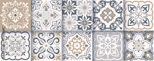 Collection of 10 flower Azulejo tiles. Seamless colorful patterns in azulejo style. Floor tile oriental collection seamless textures. Portugal spanish ceramics. Vector
