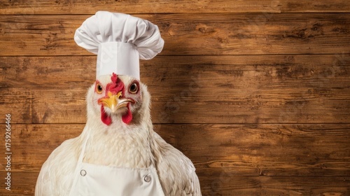 whimsical chicken wearing a chef's hat and apron, posing against a rustic wooden background, blending humor and culinary themes.