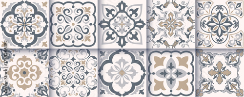 Collection of 10 flower Azulejo tiles. Seamless colorful patterns in azulejo style. Floor tile oriental collection seamless textures. Portugal spanish ceramics. Vector
