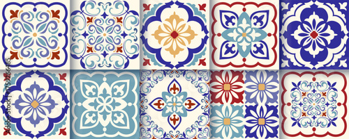 Collection of 10 flower Azulejo tiles. Seamless colorful patterns in azulejo style. Floor tile oriental collection seamless textures. Portugal spanish ceramics. Vector
