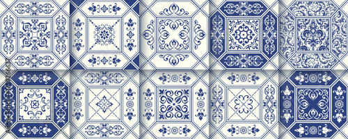 Collection of 10 flower Azulejo tiles. Seamless colorful patterns in azulejo style. Floor tile oriental collection seamless textures. Portugal spanish ceramics. Vector
