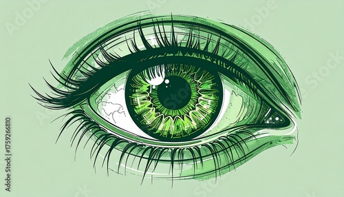 Close-up illustration of a stylized, vibrant green eye with long lashes