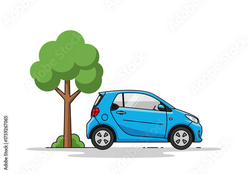 A blue compact car sits next to a tree
