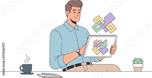 An illustration depicts a man working on a tablet, surrounded by coffee, a notebook, and a small potted plant, showcasing digital work.