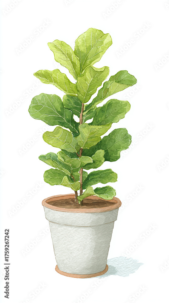 Obraz premium Embrace Nature at Home with a Beautiful Fiddle Leaf Fig Plant in a Simple Pot for Lively Indoor Decor and Fresh Atmosphere