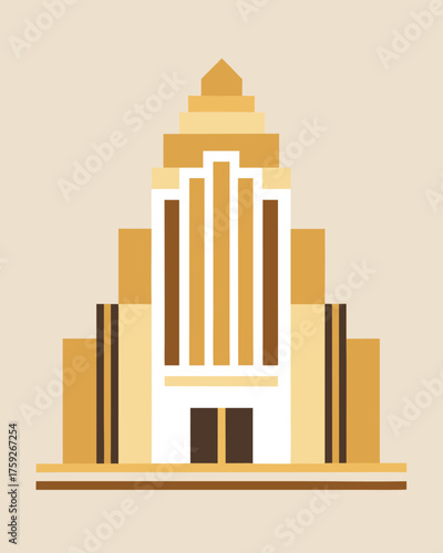 Stylized art deco building isolated on a beige background with a symmetrical design