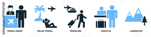 Set travel icon vector. Ideal for tourism, trip planning, and vacation themes. This graphic set is perfect for representing various travel elements for apps, websites, or brochures.	
