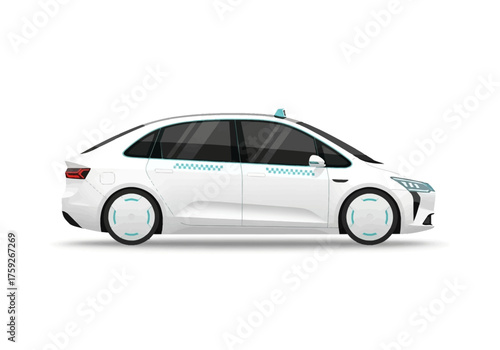 A white selfdriving taxi with bluegreen accents on the wheels and roof featuring modern headlights