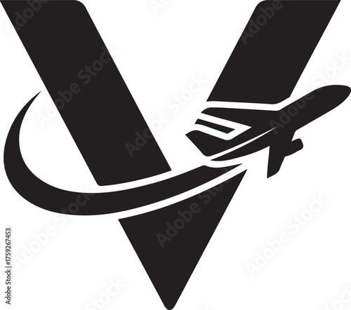 Letter v logo with airplane flying around isolated on white background travel agency