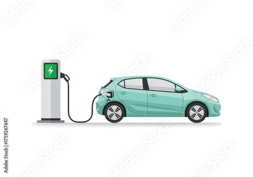 Mint EV car at a grey charging station with a plug attaching to the car on a white background