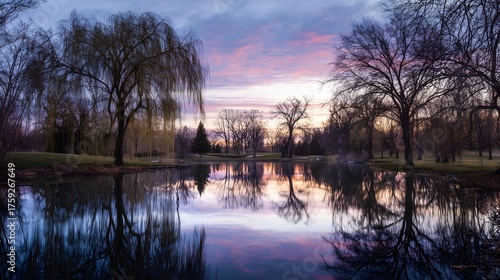 willow. Tranquil lakeside scene with weeping willow and pastel sky mirrored in calm waters. travel magazines, destination branding, designed for outdoor magazines and nature guides.