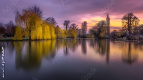willow. Tranquil lakeside scene with weeping willow and pastel sky mirrored in calm waters. travel magazines, destination branding, designed for outdoor magazines and nature guides.