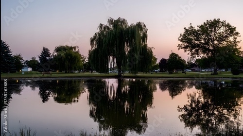 willow. Tranquil lakeside scene with weeping willow and pastel sky mirrored in calm waters. travel magazines, destination branding, designed for outdoor magazines and nature guides.