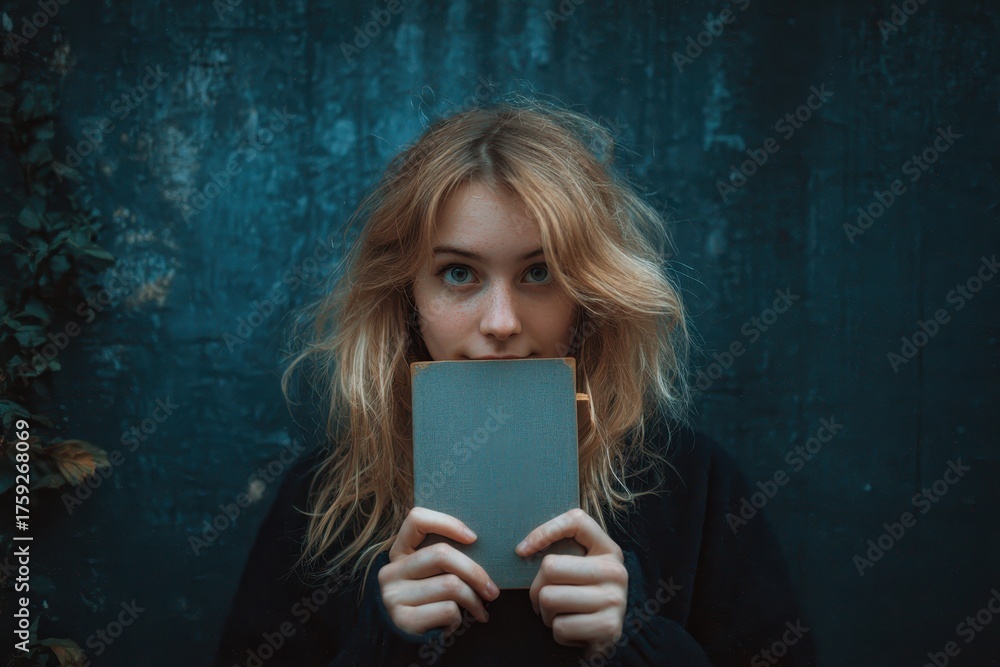 Naklejka premium young blonde female with a blank notebook